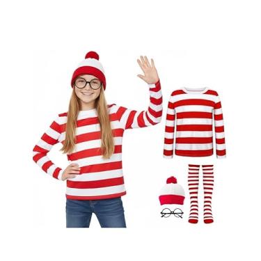 Imagem de MEDEJU Waldo Camisa listrada vermelha e branca adulto masculino feminino fantasia cosplay Halloween traje engraçado roupa de moletom roupa óculos terno menina (7-8 anos)