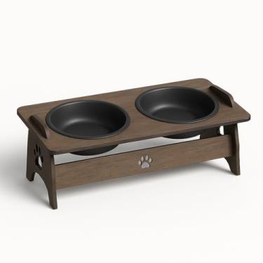 Imagem de Comedouro Elevado para Gatos e Cachorros, 2 Tigelas de 400ml, MDF, 33x14x14cm