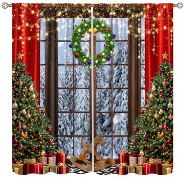 Imagem de VUMIVI Cortinas de Natal, férias de inverno, árvore de Natal, luzes de neon, carrossel de neve, bolso de varão, tratamentos de janela para quarto de crianças, sala de estar, jantar, quarto, cozinha