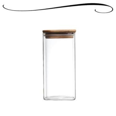 Imagem de Pote Hermético de Vidro e Tampa de Bambu Redondo Alimentos Especiarias Organizador Geladeira E Armários 1L