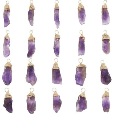 Imagem de 20 unidades de pingente de cristal de ametista natural banhado a ouro 18 K real envolto em fio ametista cristal pingente de pedra preciosa sem corrente irregular para fabricação de joias, Medium