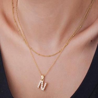 Imagem de Colar em camadas de aço inoxidável com inicial para corrente dupla unissex, pingente personalizado, joia delicada para roupas diárias, F, Aço inoxidável, Sem Pedra Preciosa