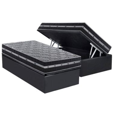 Imagem de Cama Box Baú Solteiro: Colchão Molas Ensacadas D Angelis Black Grafite + Base Crc Suede Gray (88x188)