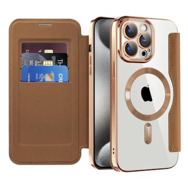 Imagem de COTDINFOR Capa magnética para iPhone 15 Pro Max com suporte para cartão [bloqueio RFID] [compatível com MagSafe] Capa de proteção de couro transparente sem amarelamento para iPhone 15 Pro Max Brown JD