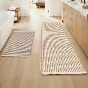 Imagem de ArtyCozy Conjunto de 2 tapetes de banho waffle, super absorventes macios e antiderrapantes com cola quente de tecido plano para banheiro, tapetes de banho laváveis na máquina, 45,7 cm × 76,2 cm Plus