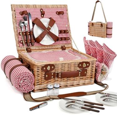 Imagem de Cesta de piquenique com cobertor e bolsa de vinho para 4, conjunto de piquenique de vime com forro isolado, bolsa térmica para acampamento, casamento - guingão vermelho