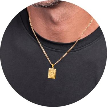 Imagem de Colar masculino com inicial, pingente de letra retangular de A a Z, corrente de aço inoxidável banhada a ouro, joia de monograma personalizada, 20in, Aço inoxidável, Sem Pedra Preciosa
