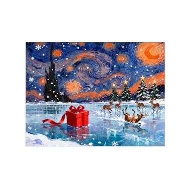 Imagem de Natal Quadro em tela-Noite Estrelada Renas Patinando Gelo-Imagem moderna decoração casa-Pôster impressões para sala estar 60x80cm24x31in Sem Moldura