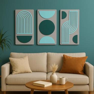 Imagem de Conjunto Trio de Quadros Decorativos abstrato Geométrico Sala Escritório Quarto em MDF e relevo 3D(Cinza claro e Turquesa Taiti)