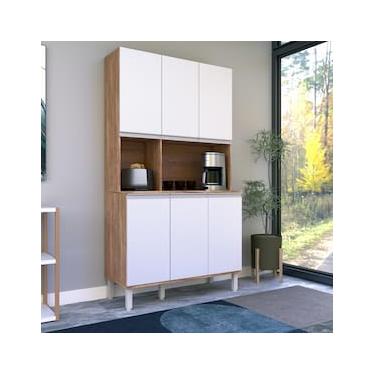 Imagem de Cozinha Compacta Bartira Jaspe 107,5cm 6 Portas 3 Prateleiras Damasco e Branco
