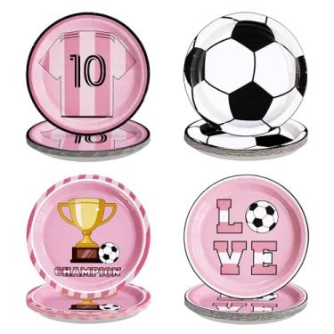 Imagem de Greencian 60 peças de pratos de papel de futebol de 22,88 cm resistentes pratos de papel sobremesa estrela do futebol descartáveis rosa e branco para fãs de futebol, festa de aniversário, chá de bebê