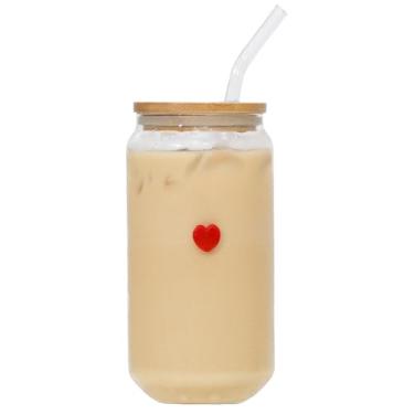 Imagem de Greefun Coquette Copo de vidro estético com tampa de bambu e canudo, copo de viagem fofo coração vermelho de 473 ml, copo de smoothie matcha de café gelado, presentes modernos para mulheres, presentes