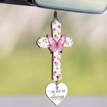 Imagem de Cruz para espelho de carro para pendurar cristão com versículo da Bíblia - I Am with You Always - Cruz de borboleta rosa rosa para espelho retrovisor - Ornamento de acessórios de carro cristão