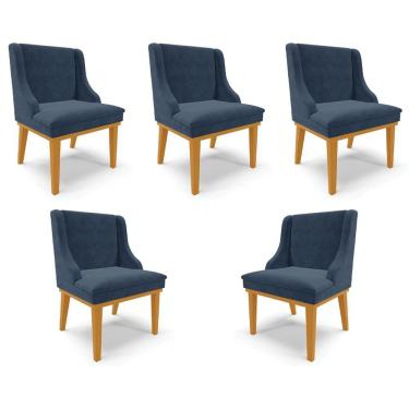 Imagem de Kit 5 Cadeiras Decorativas Sala De Jantar Base Fixa De Madeira Firenze Suede Azul Marinho/castanho