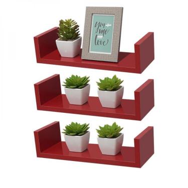 Imagem de Kit 3 Prateleiras U com Suporte Invisível 50X10cm Vermelha