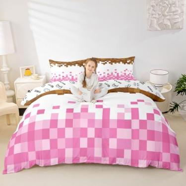 Imagem de Manfei Conjunto de capa de edredom com tema pixelado, tamanho casal, conjunto de cama de grade geométrica, 3 peças para decoração de quarto, gamepad de videogame, roupa de cama infantil, rosa branco