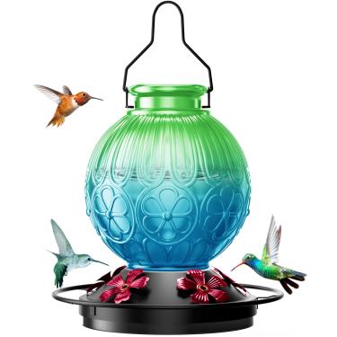 Imagem de Alimentador de beija-flor de 737 g para ambientes externos, alimentador de pássaros de vidro vintage com poleiro, durável e fácil de limpar, alimentador de néctar suspenso para jardim, quintal, deck