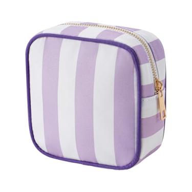 Imagem de RSRSLEII Bolsa de maquiagem listrada pequena para bolsa, mini bolsa de cosméticos com zíper, linda bolsa de cosméticos para mulheres e meninas, bolsa de batom com bolso para chave, porta-cartões