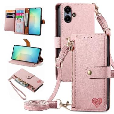 Imagem de Furiet Capa carteira para Samsung Galaxy A06 5G bolso com zíper bolsa com alça de ombro, suporte de couro PU flip fólio porta-cartões acessórios capa para celular Ao6 A 06 4G LTE mulheres meninas rosa