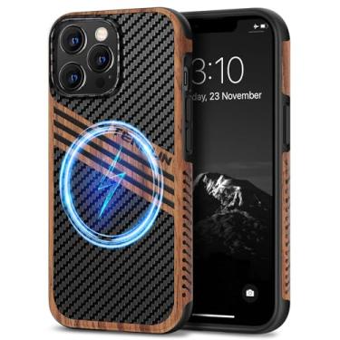 Imagem de TENDLIN Compatível com iPhone 13 Pro Capa de grão de madeira com design de textura de fibra de carbono capa fina híbrida de couro (compatível com MagSafe) três listras