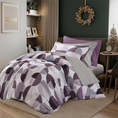 Imagem de Jogo de cama com 6 peças, estampa em três tons, tamanho GG, edredom e lençol de microfibra ultramacia, quente e aconchegante para todas as estações, roxo ameixa e cinza