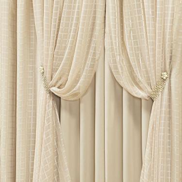 Imagem de Cortina Monte Real 2,00M X 1,70M Tecido Blackout Voal Trabalhado Xadrez Sala Quarto - Palha