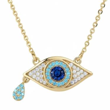 Imagem de Colar feminino com proteção de olho turco cintilante - Amuleto de zircônia e pedra turquesa banhado a ouro 18K com corrente ajustável