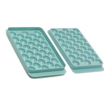Imagem de 2 moldes para cubos de gelo, bandeja de gelo com tampa, fácil de encher e liberar, formas de gelo empilháveis sem vazamento, bandejas redondas para freezer, bandeja de gelo para coquetéis, café (azul