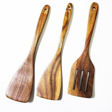 Imagem de 3 pás de cozinha de madeira de acácia, pá de 3 linhas, utensílios de cozinha de madeira suave, fritar, assar, fritar bife, costeleta de frango, costeleta de porco, brócolis salteado, misturado com