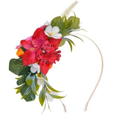Imagem de KorViSHOW Tiaras de coroa de flores havaianas – tiara floral de orquídea tropical havaiana acessórios de cabelo floral havaiano para verão, praia, piscina, decoração de festa de dança Hula, Havaí