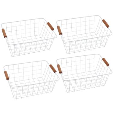 Imagem de Cestas de arame branco com alças de madeira, 4 peças, malha de metal empilhável para cozinha, quarto, sala de estar