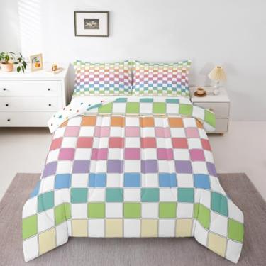 Imagem de Erosebridal Conjunto de edredom xadrez colorido, solteiro, arco-íris, ombré, quadriculado, xadrez buffalo, para crianças, meninos e meninas, edredom de guingão