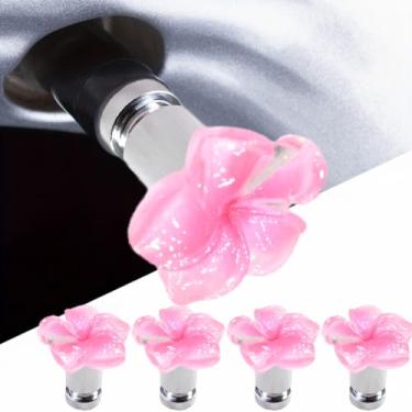 Imagem de Xalvoria Pacote com 4 tampas de haste de válvula Frangipani feitas à mão para válvulas Schrader, design tropical vermelho vibrante, acessório colorido para carro e bicicleta, presente exclusivo