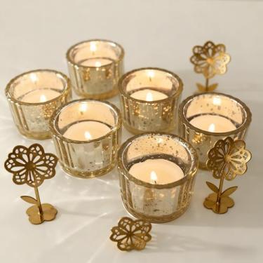 Imagem de Conjunto de 12 castiçais votivos redondos transparentes, decorações de mesa de centro de mesa de casamento, suporte de vela de vidro mercúrio para chá de panela, chá de bebê e decoração de casa (ouro)