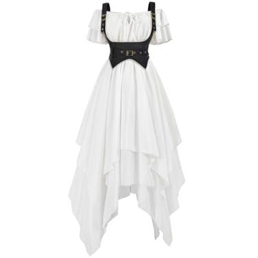 Imagem de FCCAM Chemise Vestido renascentista feminino de manga curta espartilho Cottagecore Ren Faire vestido fantasia com bolsos, Branco, P