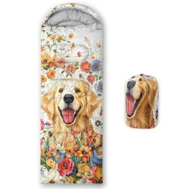 Imagem de Axolotl Saco de dormir fofo para crianças, kawaii Golden Puppy Dog Camping Bag, flores botânicas, leve, quente, portátil, ao ar livre, interior, impermeável, resistente ao clima frio para acampamento