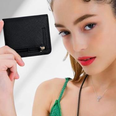 Imagem de Carteira pequena fina e curta, porta-moedas com bolso com zíper, suporte para cartão, clipe compacto para dinheiro, viagens, compras, uso diário, Preto, 3.94X3.55X0.6Inches, Minimalista