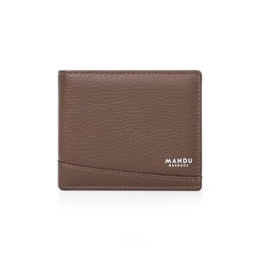 Imagem de Carteira fina para homens, carteira dupla de couro real com bloqueio RFID, porta-cartão de crédito, bolso para moedas, compartimento para dinheiro e janela para identidade, Marrom, 12cm x 9.5cm