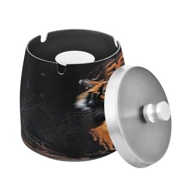 Imagem de Blueangle Cinzeiro de tigre selvagem com tampa para cigarros, à prova de vento/chuva, aço inoxidável, sem fumaça, inodoro, cinzeiro para uso interno ou externo (546)