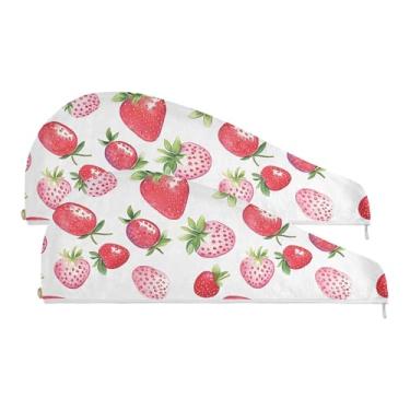 Imagem de SEHANY Toalha de cabelo de microfibra de morangos rosa aquarela para mulheres, 2 peças, turbantes de cabelo de secagem rápida com botão, touca de cabelo seco absorvente toalha de secagem de cabelo