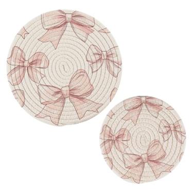 Imagem de Blueangle Suporte de panela trivet rosa com laço - conjunto de pegadores de panela de tecido redondo - almofadas quentes trançadas de algodão - porta-copos - tapetes de mesa para cozinhar e assar (106