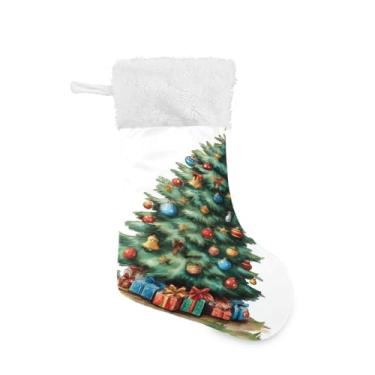Imagem de Blueangle 1 pacote com 17,7 polegadas aquarela árvore de Natal meias de Natal para decorações de festas de fim de ano, suportes de presente e meias (809)