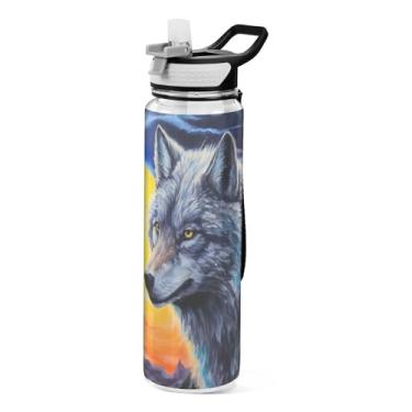 Imagem de ATTX Garrafa de água Sunset Wolf, 947 ml, à prova de vazamento e livre de BPA, garrafas de água reutilizáveis de plástico Tritan para viagem, academia, corrida #461