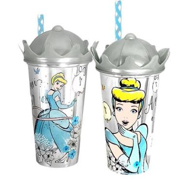 Imagem de Kit 2 Copos Canudo e Coroa Infantil Princesa Cinderela 500ml - Plasúti