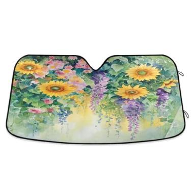 Imagem de ATTX Pintura de girassóis em aquarela para-sol para para-brisas de carro 134.6 cm x 59.7 cm Protetor solar universal com proteção UV, persiana de janela frontal automática dobrável para caminhões