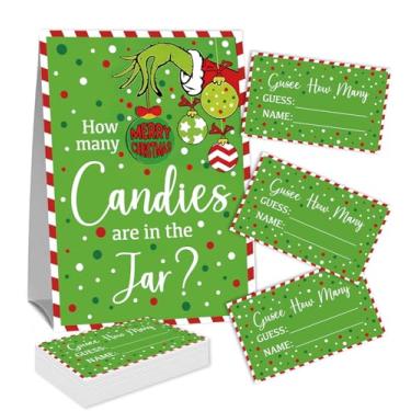 Imagem de Placa Guess How Many Candies (1 placa de pé e 50 cartões de adivinhação) Kit de cartas de jogo de atividades com tema de arco rosa para chás de bebê, festas de recém-nascidos, chá de noivado de