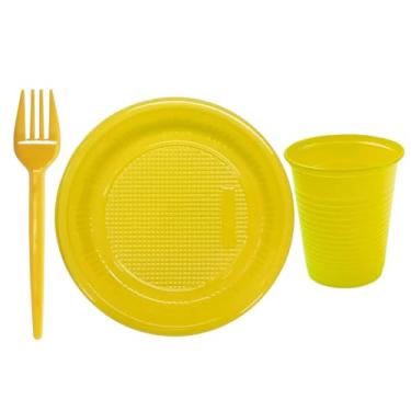 Imagem de Kit 300 Peças Descartáveis para Festa com 100 Copos 200ml + 100 Pratos 15cm + 100 Garfos 12cm | Ideal para Eventos, Aniversários, Churrascos e Refeições Coletivas (Amarelo)