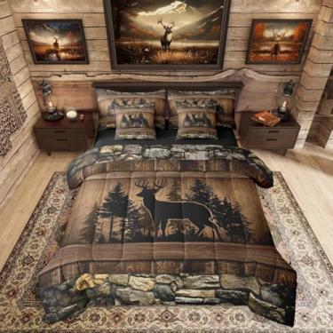 Imagem de Erosebridal Conjunto de edredom completo rústico de veado com 7 peças, cabana de fazenda, para crianças, meninos, adolescentes, caçando, vida selvagem, veado, cama em um saco, campo, chalé, ocidental