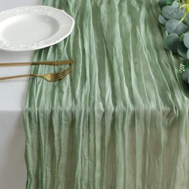 Imagem de Caminho de mesa de gaze 35,4 x 70,9 polegadas Boho Caminhos de mesa de gaze enrugados para decoração de festa de casamento corredor em verde/vermelho/bege
