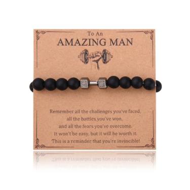 Imagem de Sudaporn Presentes de ginástica motivacionais inspiradores para homens, presentes de aniversário, Natal, exercícios, pulseiras de halteres com contas pretas Gymrat Personal Trainer Bodybuilder